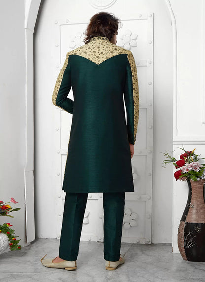 Raivat Ethnic Mens Jacquard Silk Embroidery Indo Western In Beige Green Colour