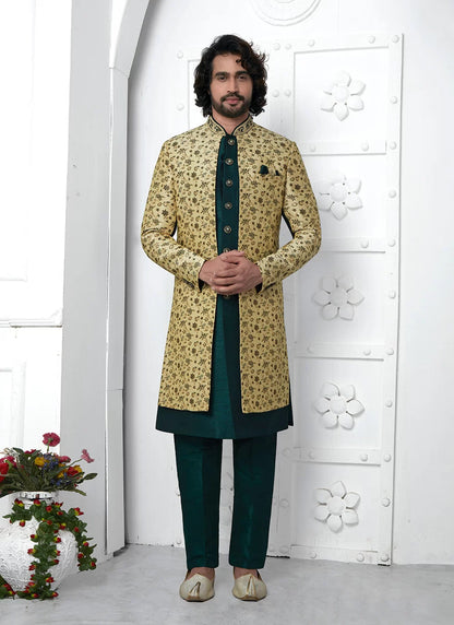 Raivat Ethnic Mens Jacquard Silk Embroidery Indo Western In Beige Green Colour