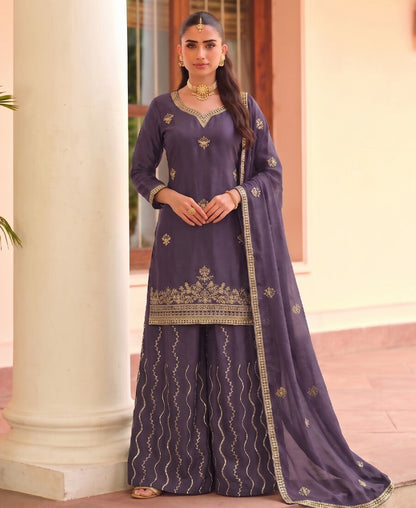 KC Lilac Ethnic Wear Ready Made Chinon Suit For Women