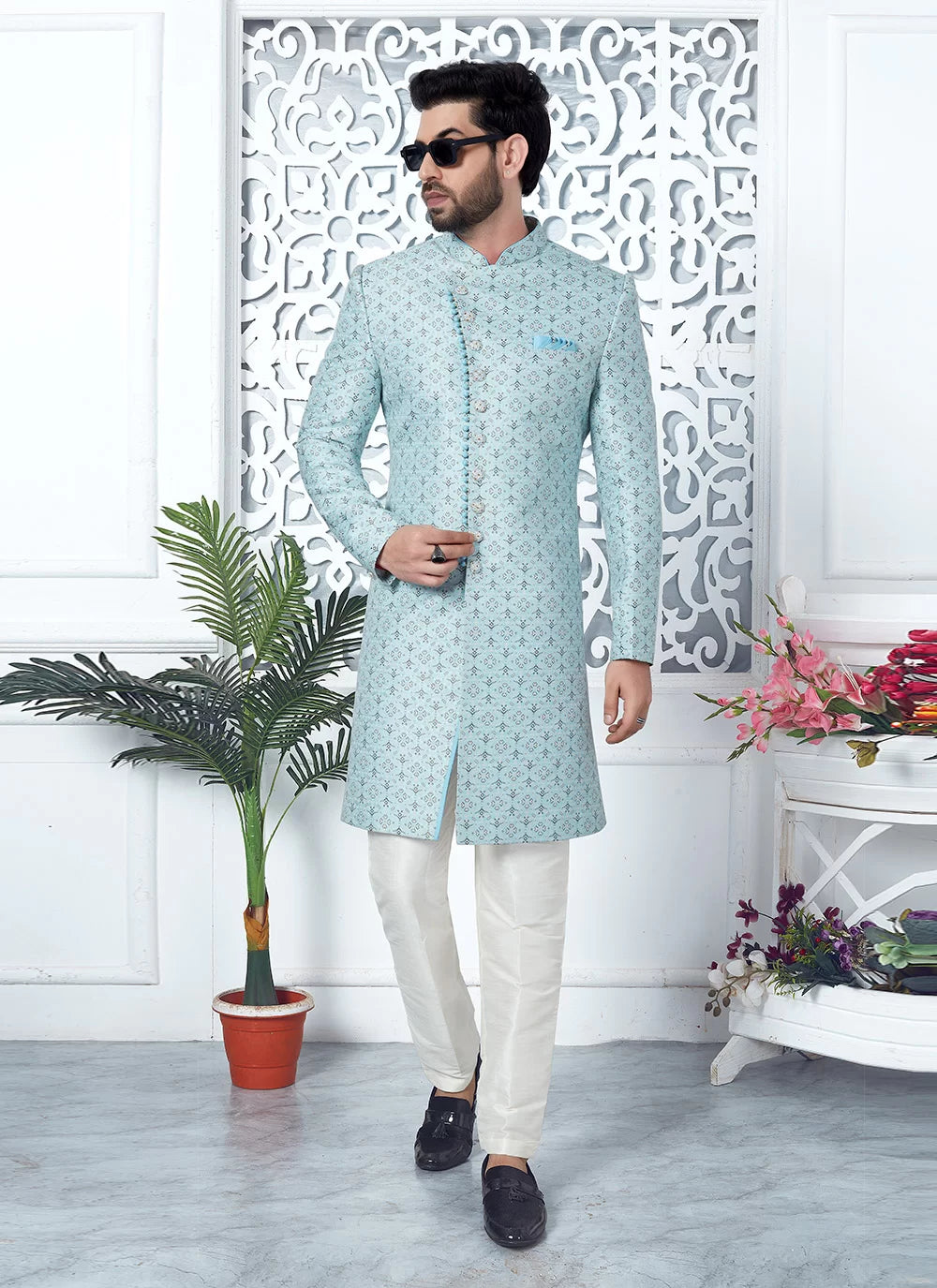 Raivat Ethnic Mens Jacquard Silk Embroidery Indo Western In Sky Blue Colour