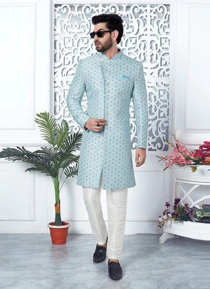 Raivat Ethnic Mens Jacquard Silk Embroidery Indo Western In Sky Blue Colour