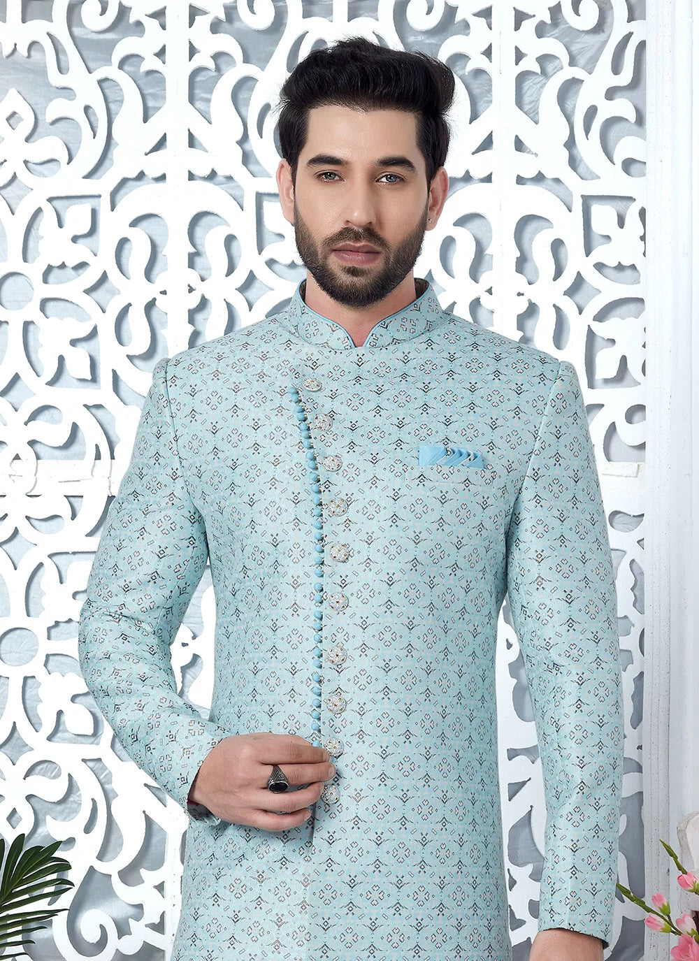 Raivat Ethnic Mens Jacquard Silk Embroidery Indo Western In Sky Blue Colour