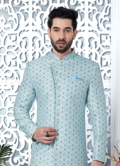 Raivat Ethnic Mens Jacquard Silk Embroidery Indo Western In Sky Blue Colour