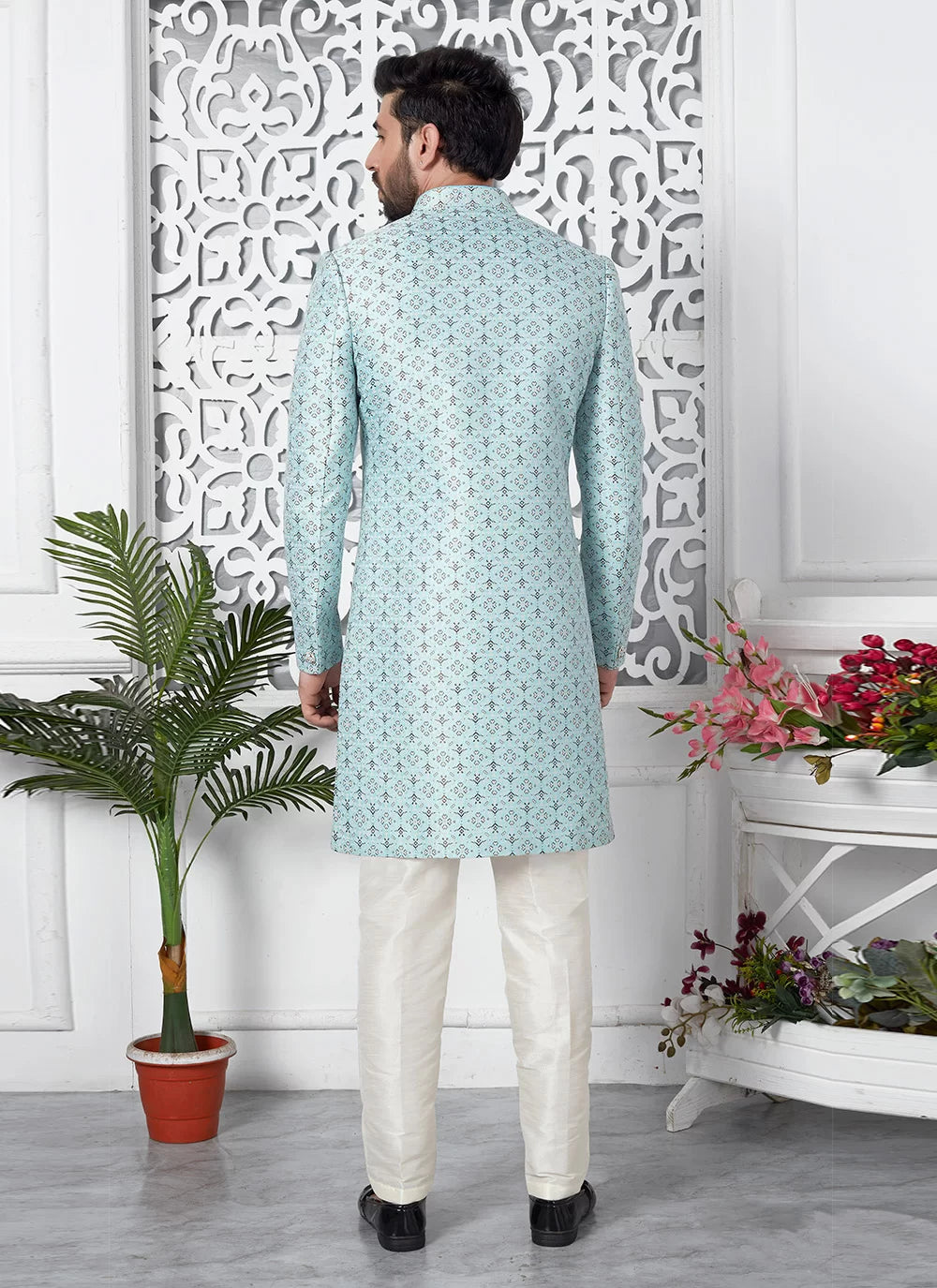 Raivat Ethnic Mens Jacquard Silk Embroidery Indo Western In Sky Blue Colour