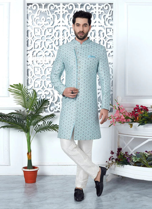Raivat Ethnic Mens Jacquard Silk Embroidery Indo Western In Sky Blue Colour