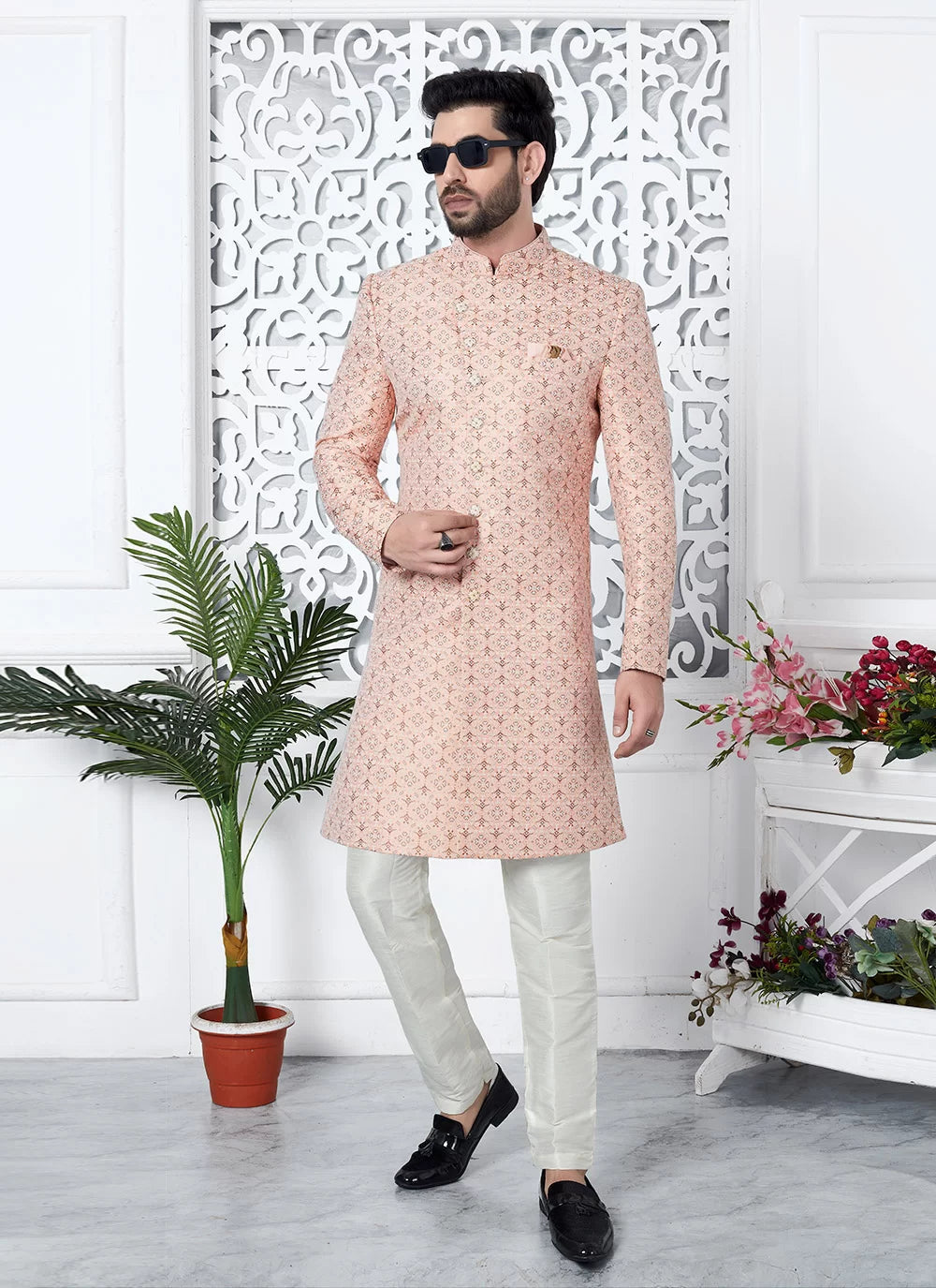 Raivat Ethnic Mens Jacquard Silk Embroidery Indo Western In Pink Colour