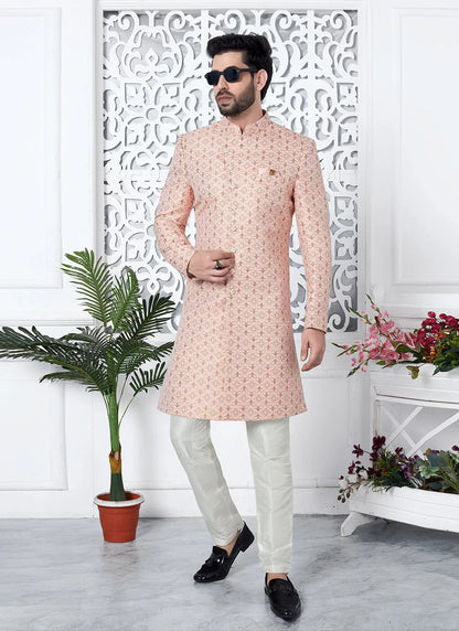 Raivat Ethnic Mens Jacquard Silk Embroidery Indo Western In Pink Colour