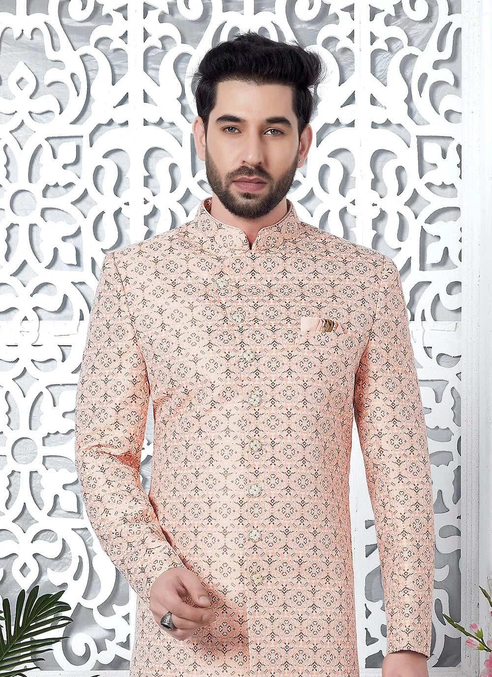 Raivat Ethnic Mens Jacquard Silk Embroidery Indo Western In Pink Colour