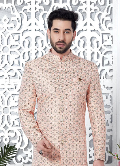 Raivat Ethnic Mens Jacquard Silk Embroidery Indo Western In Pink Colour