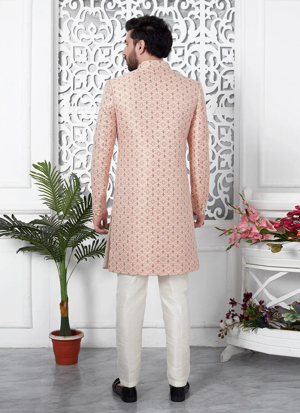 Raivat Ethnic Mens Jacquard Silk Embroidery Indo Western In Pink Colour
