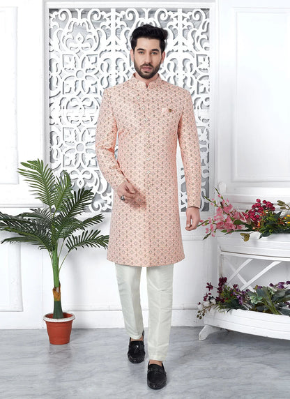 Raivat Ethnic Mens Jacquard Silk Embroidery Indo Western In Pink Colour