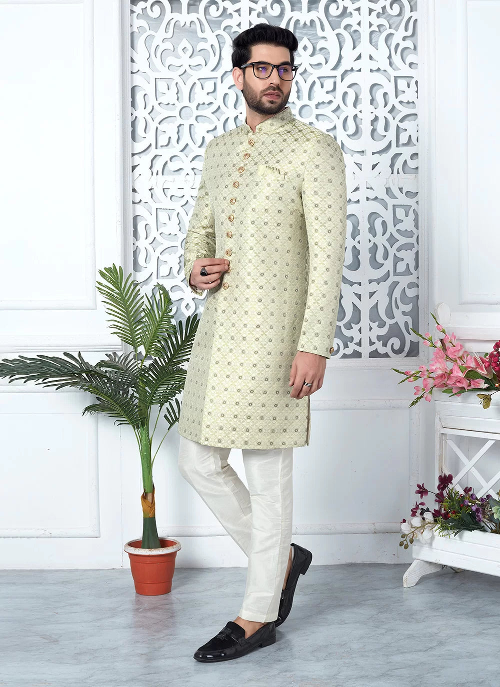 Raivat Ethnic Mens Jacquard Silk Embroidery Indo Western In Pista Green Colour