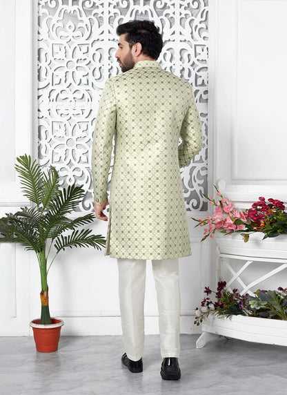 Raivat Ethnic Mens Jacquard Silk Embroidery Indo Western In Pista Green Colour