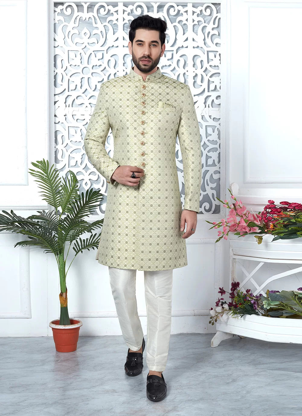 Raivat Ethnic Mens Jacquard Silk Embroidery Indo Western In Pista Green Colour