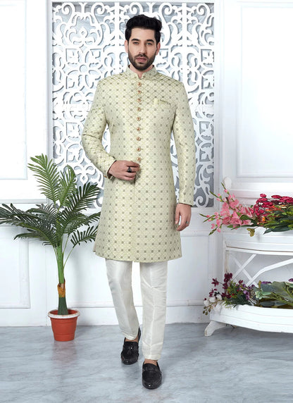 Raivat Ethnic Mens Jacquard Silk Embroidery Indo Western In Pista Green Colour
