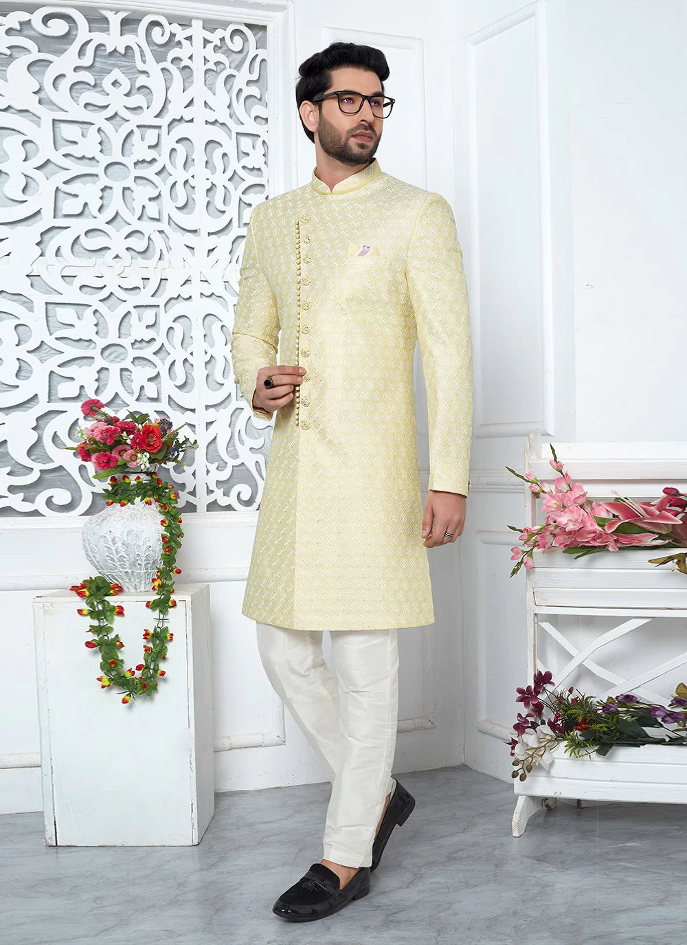 Raivat Ethnic Mens Art Silk Thread Work Indo Western In Yellow Colour