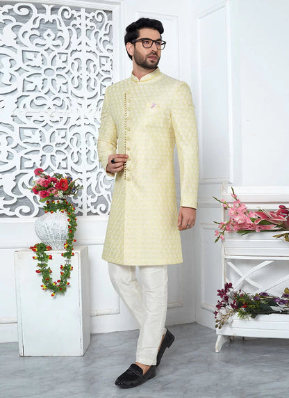 Raivat Ethnic Mens Art Silk Thread Work Indo Western In Yellow Colour