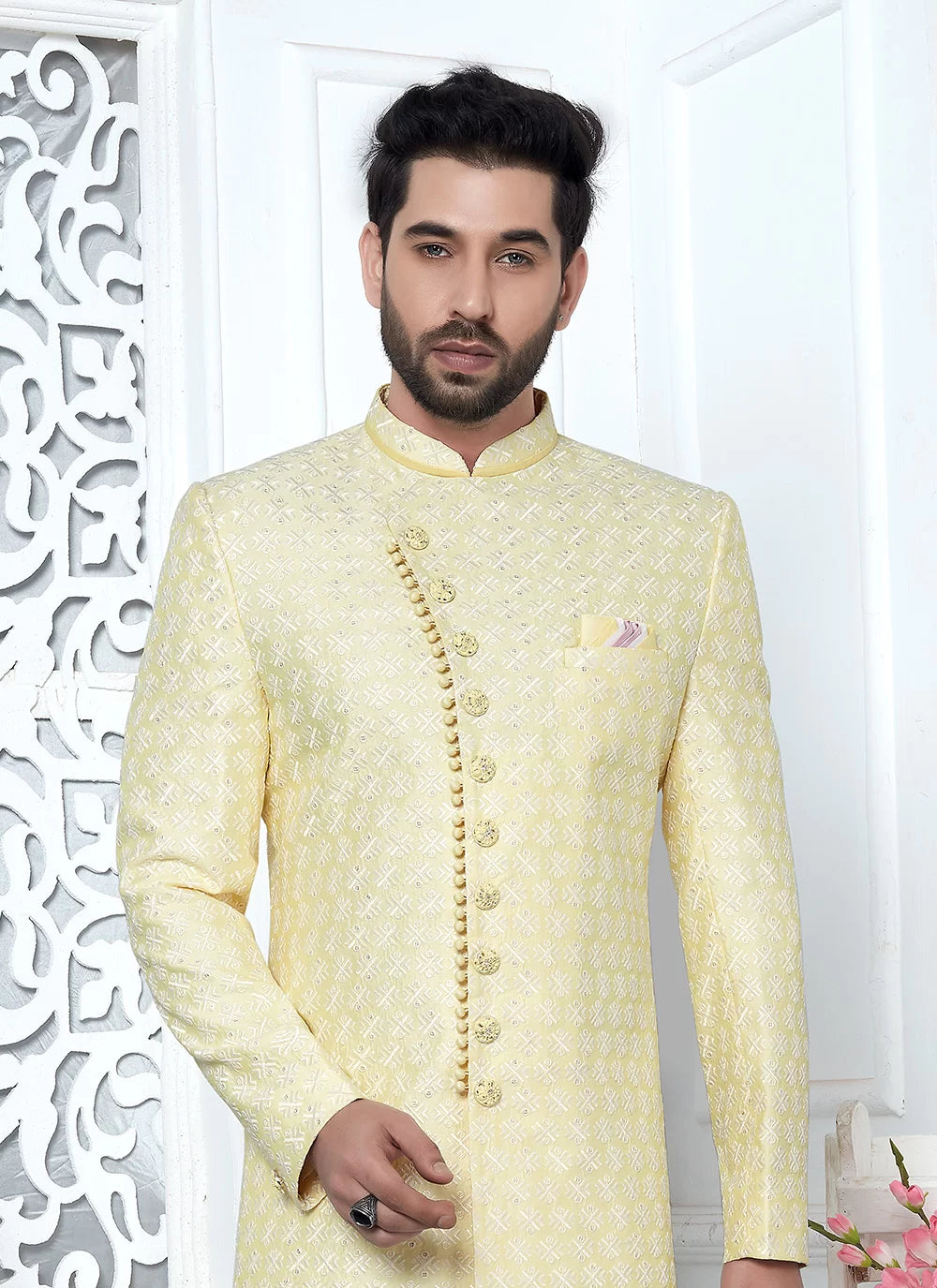 Raivat Ethnic Mens Art Silk Thread Work Indo Western In Yellow Colour