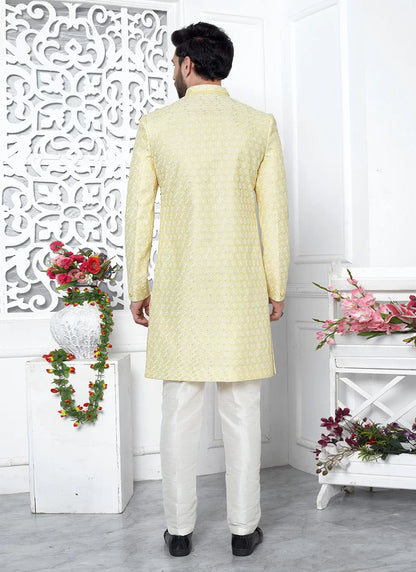 Raivat Ethnic Mens Art Silk Thread Work Indo Western In Yellow Colour