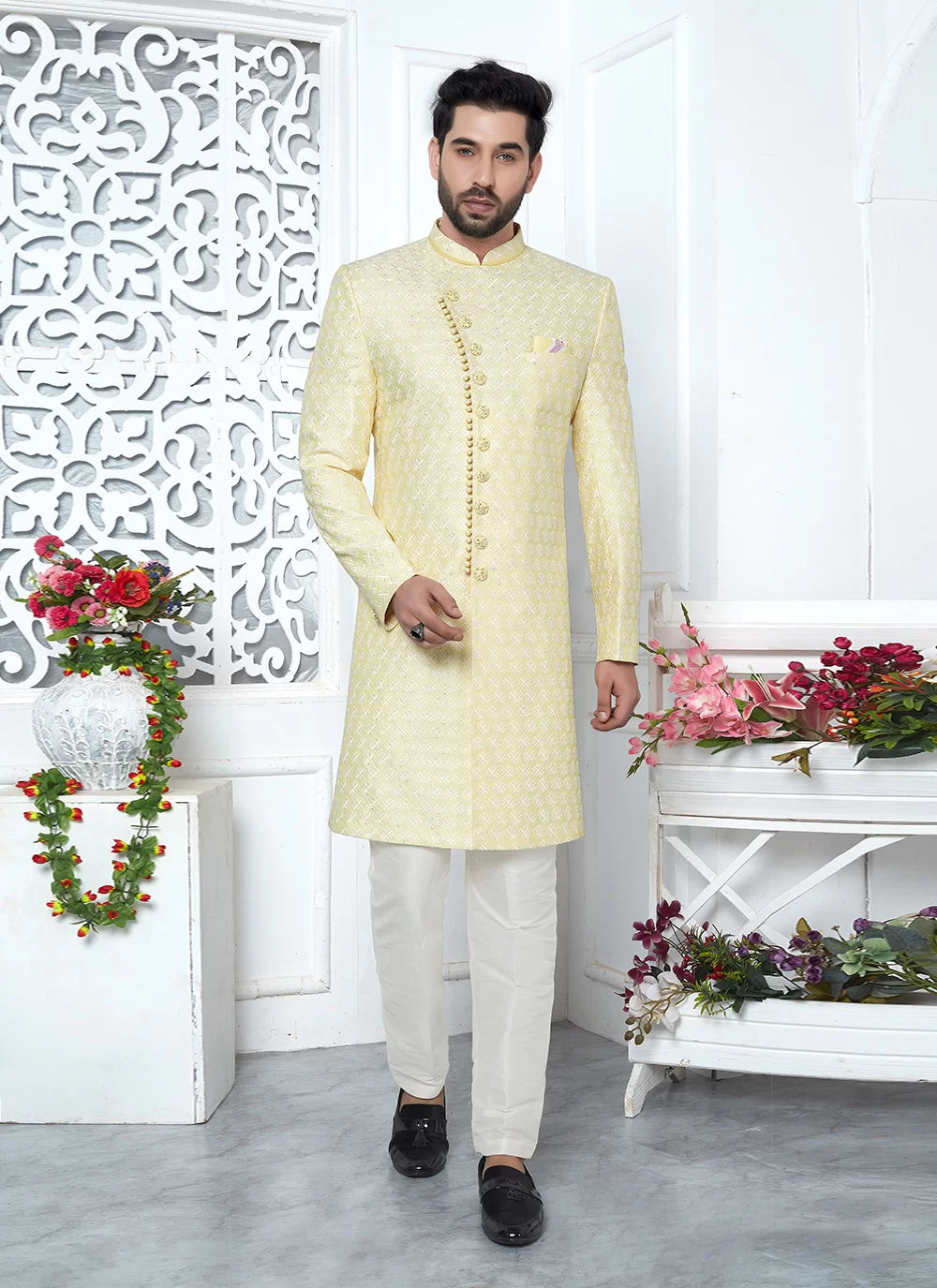 Raivat Ethnic Mens Art Silk Thread Work Indo Western In Yellow Colour
