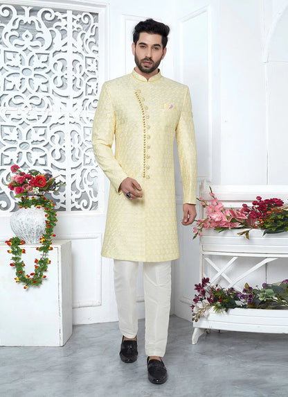 Raivat Ethnic Mens Art Silk Thread Work Indo Western In Yellow Colour