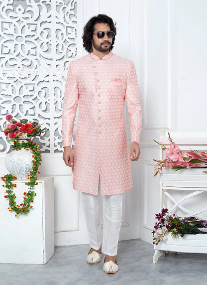 Raivat Ethnic Mens Art Silk Thread Work Indo Western In Pink Colour