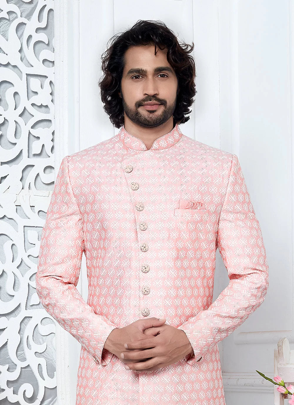 Raivat Ethnic Mens Art Silk Thread Work Indo Western In Pink Colour