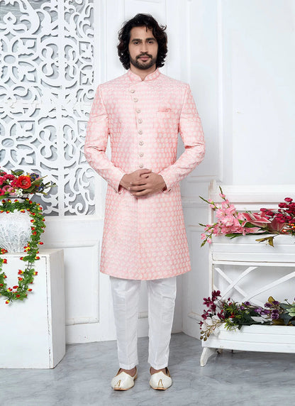Raivat Ethnic Mens Art Silk Thread Work Indo Western In Pink Colour