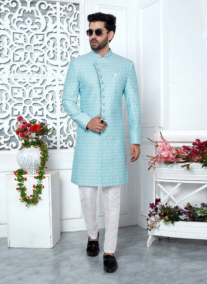 Raivat Ethnic Mens Art Silk Thread Work Indo Western In Blue Colour