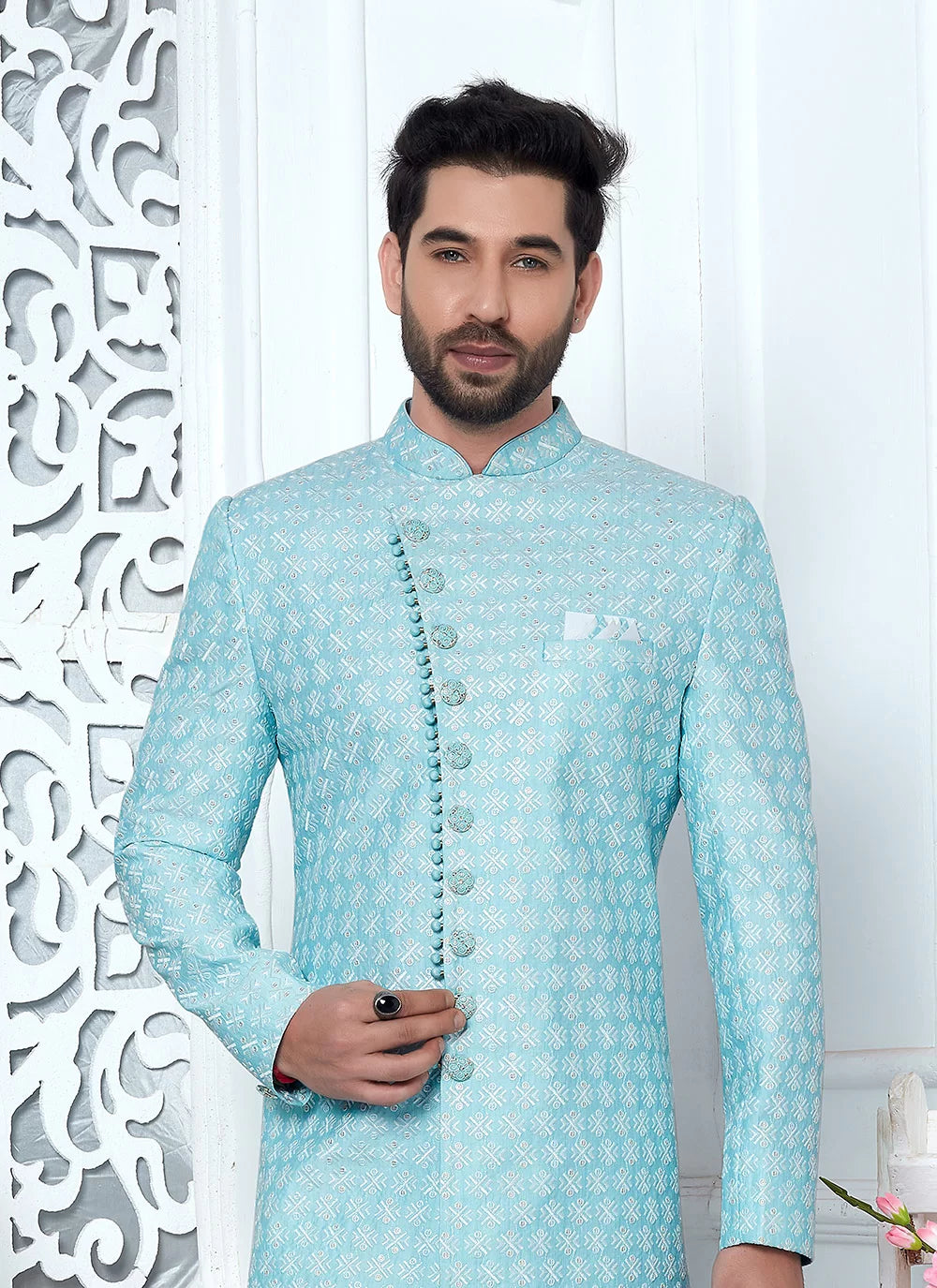 Raivat Ethnic Mens Art Silk Thread Work Indo Western In Blue Colour