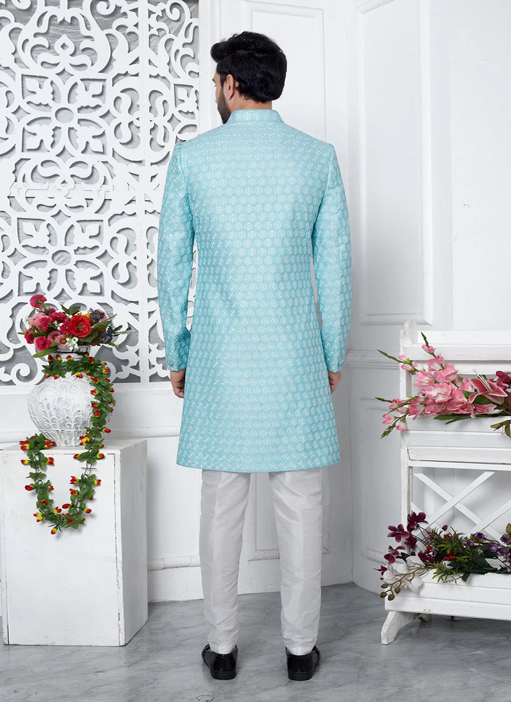 Raivat Ethnic Mens Art Silk Thread Work Indo Western In Blue Colour