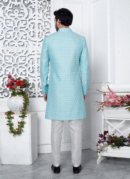 Raivat Ethnic Mens Art Silk Thread Work Indo Western In Blue Colour