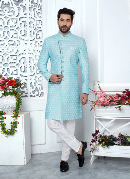 Raivat Ethnic Mens Art Silk Thread Work Indo Western In Blue Colour
