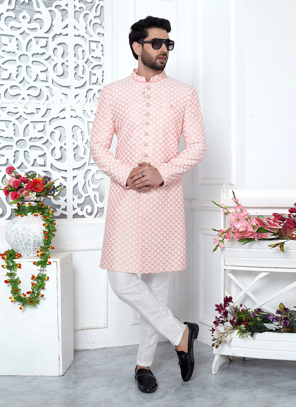 Raivat Ethnic Mens Art Silk Thread Work Indo Western In Peach Colour