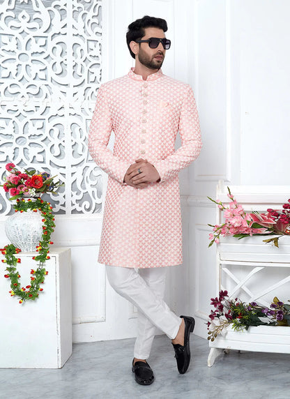 Raivat Ethnic Mens Art Silk Thread Work Indo Western In Peach Colour