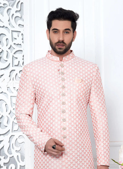 Raivat Ethnic Mens Art Silk Thread Work Indo Western In Peach Colour