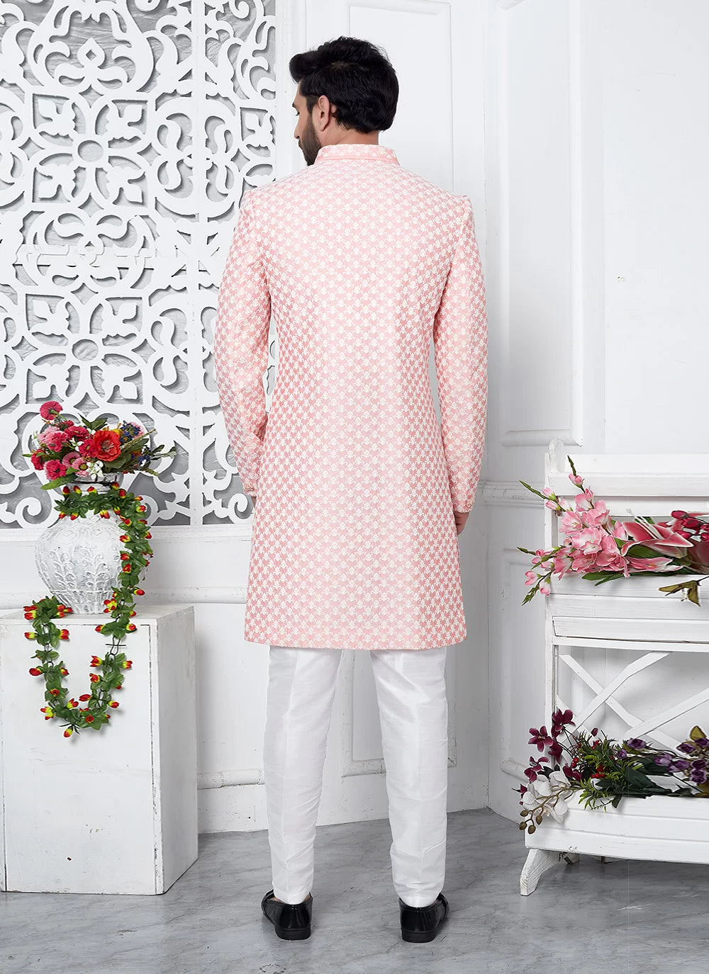 Raivat Ethnic Mens Art Silk Thread Work Indo Western In Peach Colour