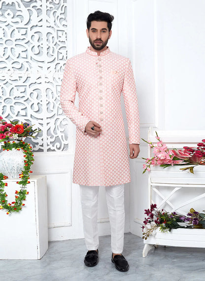 Raivat Ethnic Mens Art Silk Thread Work Indo Western In Peach Colour
