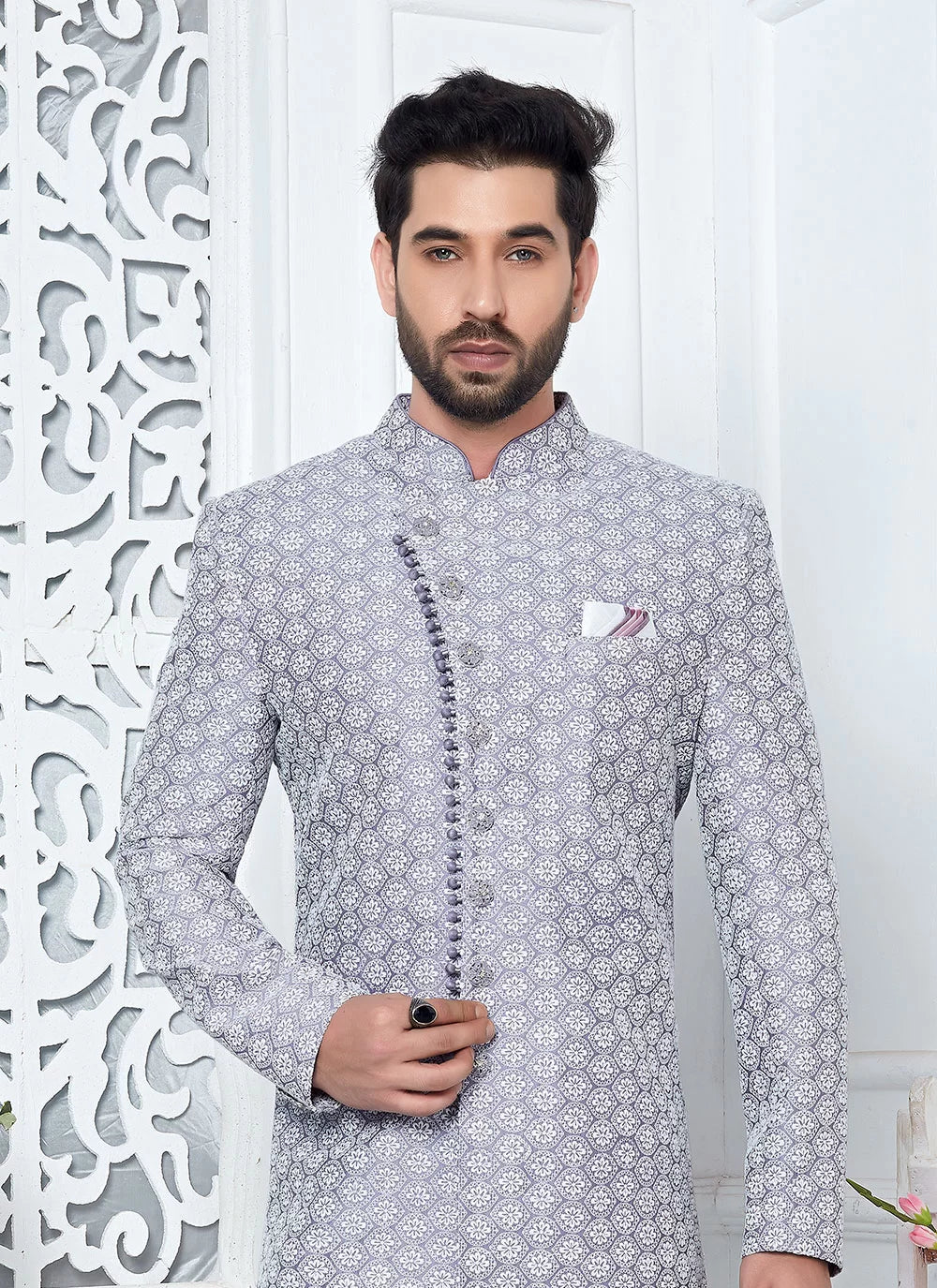 Raivat Ethnic Mens Art Silk Thread Work Indo Western In Purple Colour