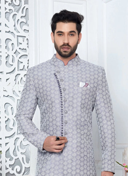 Raivat Ethnic Mens Art Silk Thread Work Indo Western In Purple Colour
