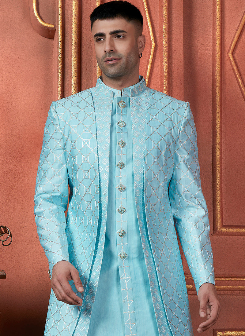 Raivat Ethnic Mens Art Silk Thread Work Indo Western In Sky Blue Colour