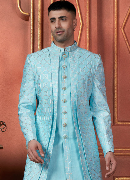 Raivat Ethnic Mens Art Silk Thread Work Indo Western In Sky Blue Colour
