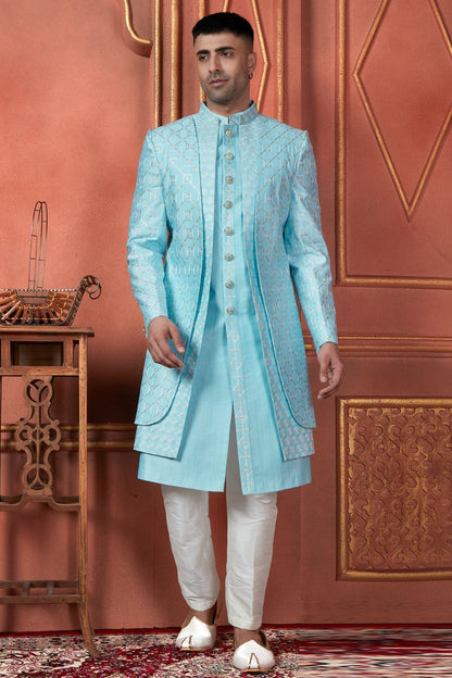 Raivat Ethnic Mens Art Silk Thread Work Indo Western In Sky Blue Colour