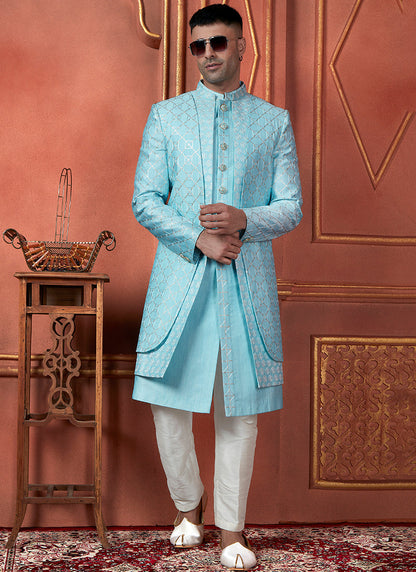 Raivat Ethnic Mens Art Silk Thread Work Indo Western In Sky Blue Colour