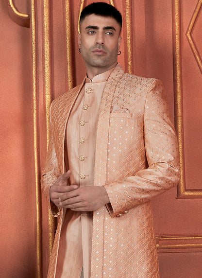 Raivat Ethnic Mens Art Silk Thread Work Indo Western In Dusty Peach Colour
