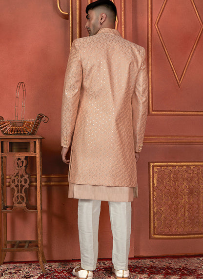 Raivat Ethnic Mens Art Silk Thread Work Indo Western In Dusty Peach Colour