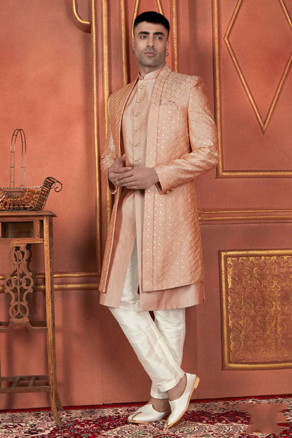 Raivat Ethnic Mens Art Silk Thread Work Indo Western In Dusty Peach Colour