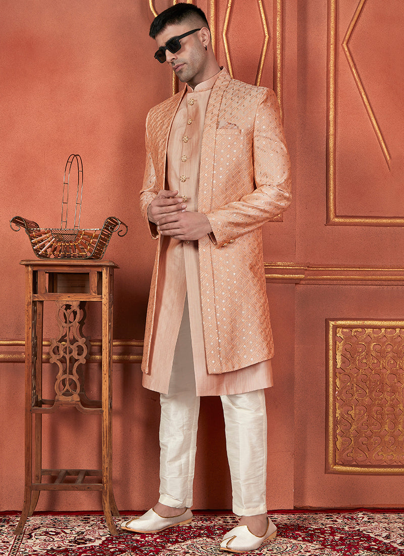 Raivat Ethnic Mens Art Silk Thread Work Indo Western In Dusty Peach Colour