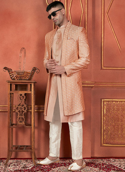 Raivat Ethnic Mens Art Silk Thread Work Indo Western In Dusty Peach Colour