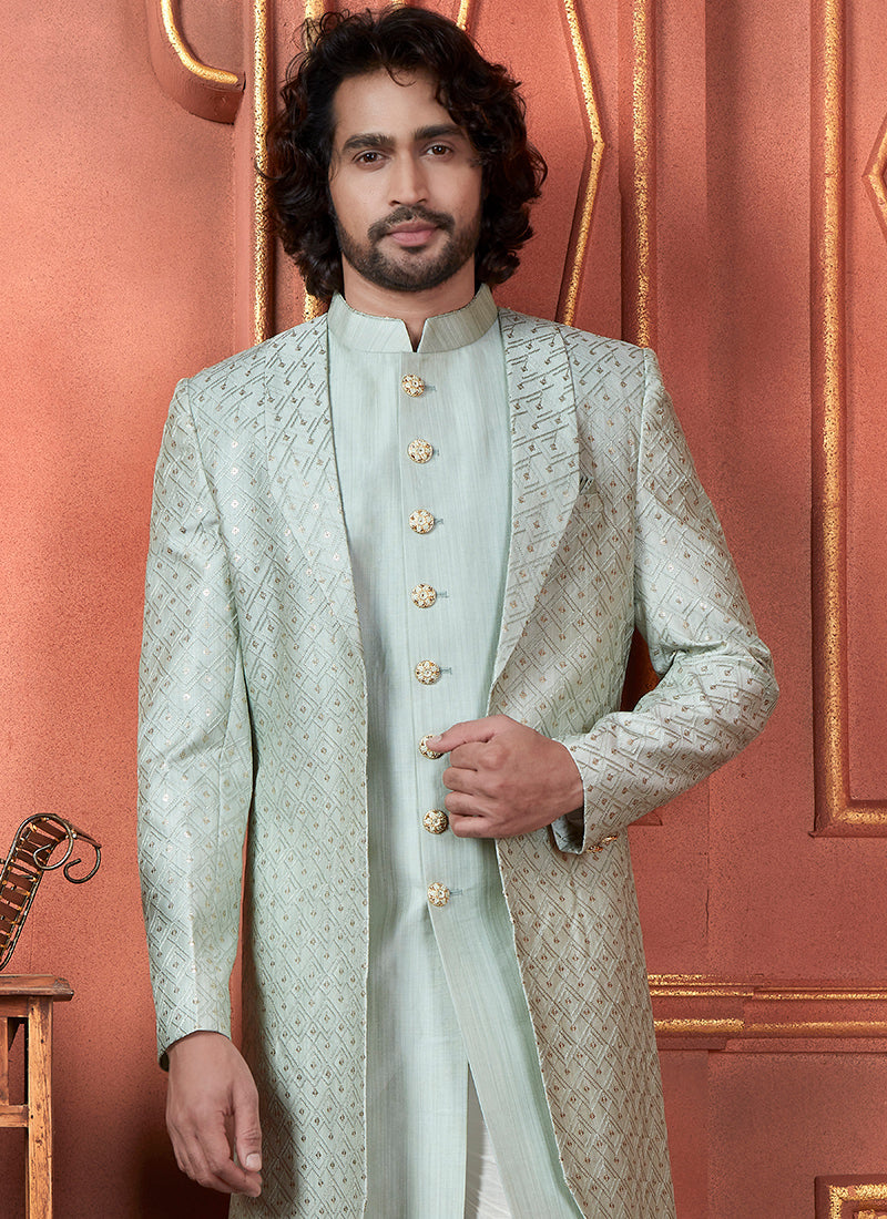 Raivat Ethnic Mens Art Silk Thread Work Indo Western In Pista Green Colour